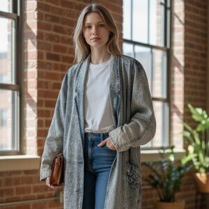 Vintage IZZI Acid Wash Oversized Full-length Denim Coat Sz M